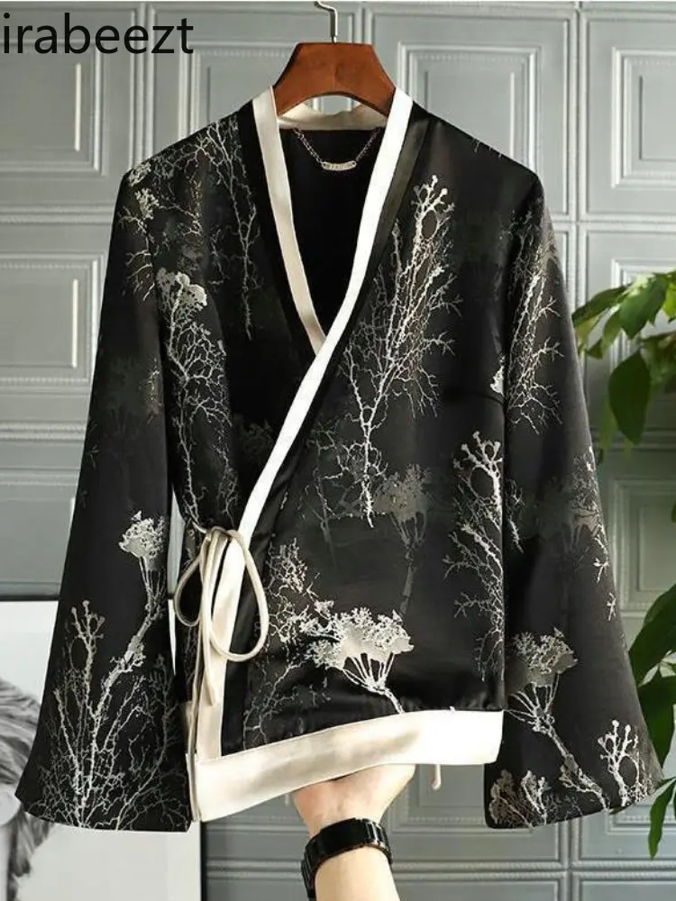 2025 Retro Chinese Style Jacquard Acetate Blouse Women's Spring Fashion Cardigan Vintage Floral Print Open Front Coat