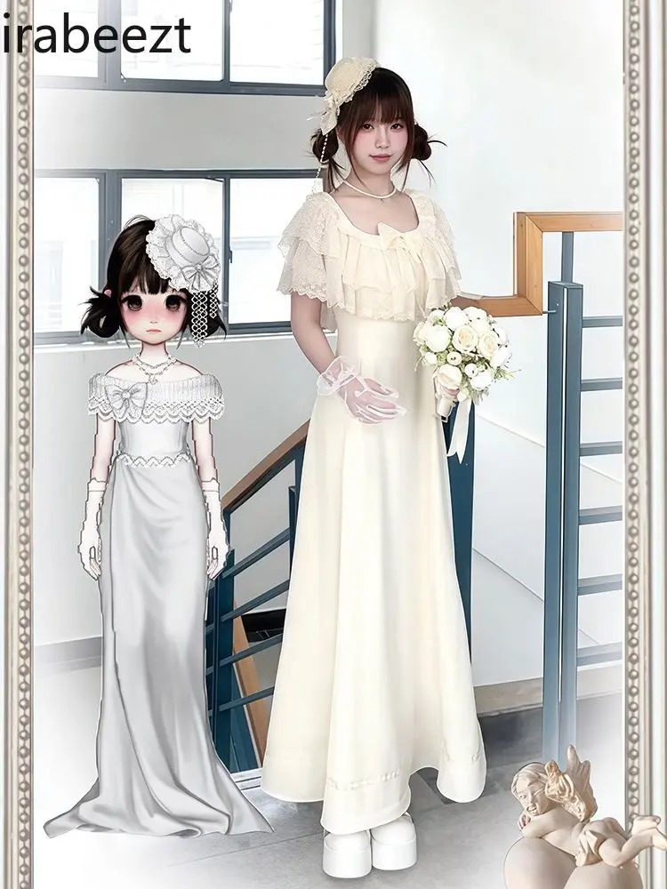 Lolita Dress Bowknot Sweet Kawaii Gothic Elegant Vintage Floral Tea Party Mini Dress for Women Cute Small Size White