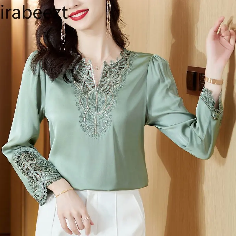 Elegant Satin Women New Fashion V Neck Embroidered Shirt Autumn Chic Office Ladies Tops Long Sleeve Flowy Dressy Blouse