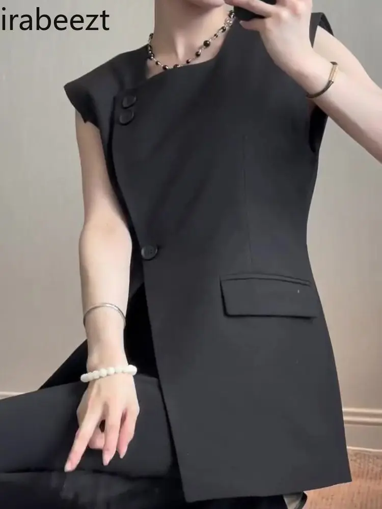 Women's European Style Summer Black Slim Fit Blazer Vest Plus Size Slimming Fashion Office Blazer Versatile Casaco Feminino
