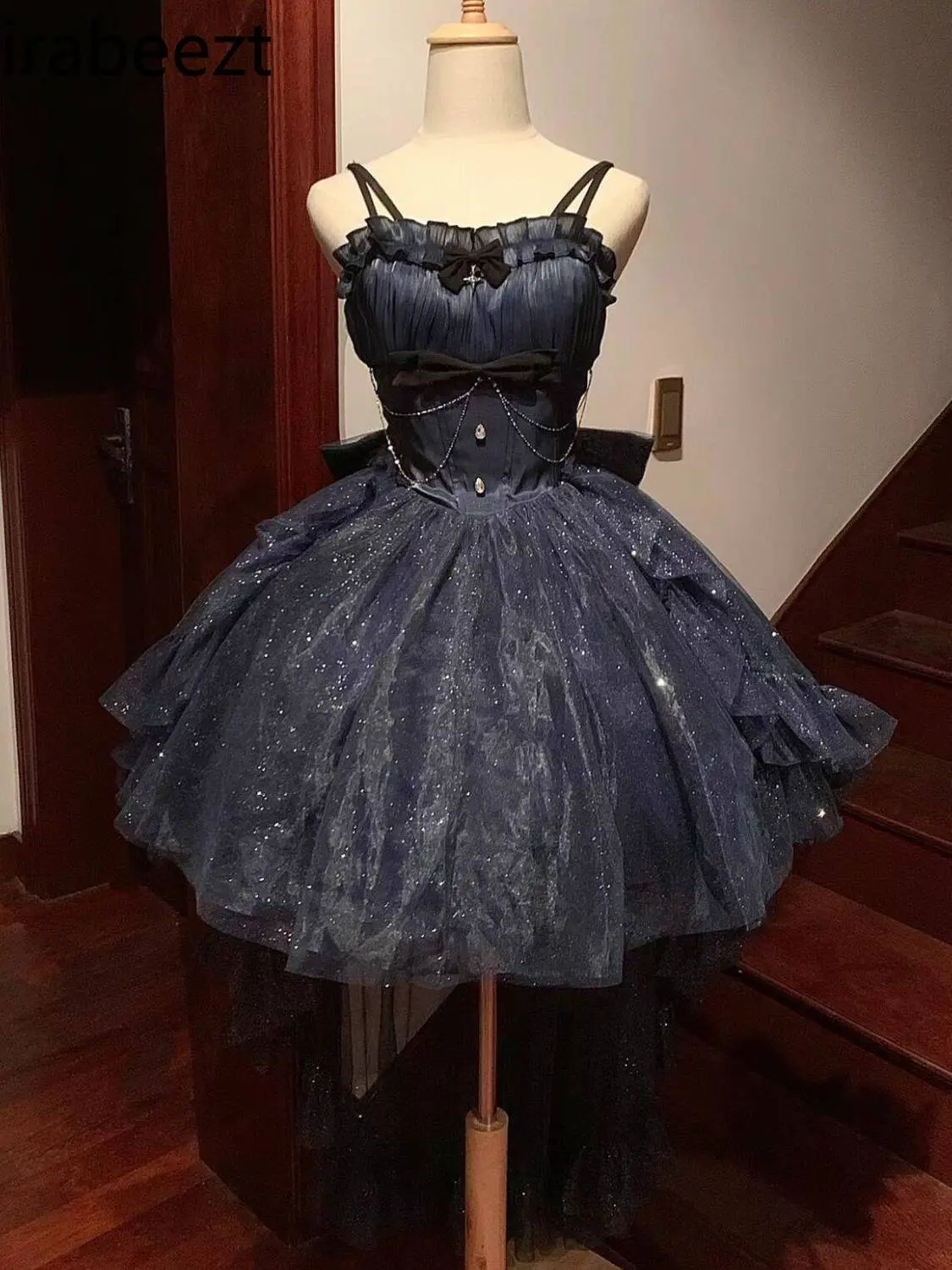 Summer French Chic Petite Romantic Ruffled Off-Shoulder Dress with Shimmering Tulle Skirt & Waist Belt for Women