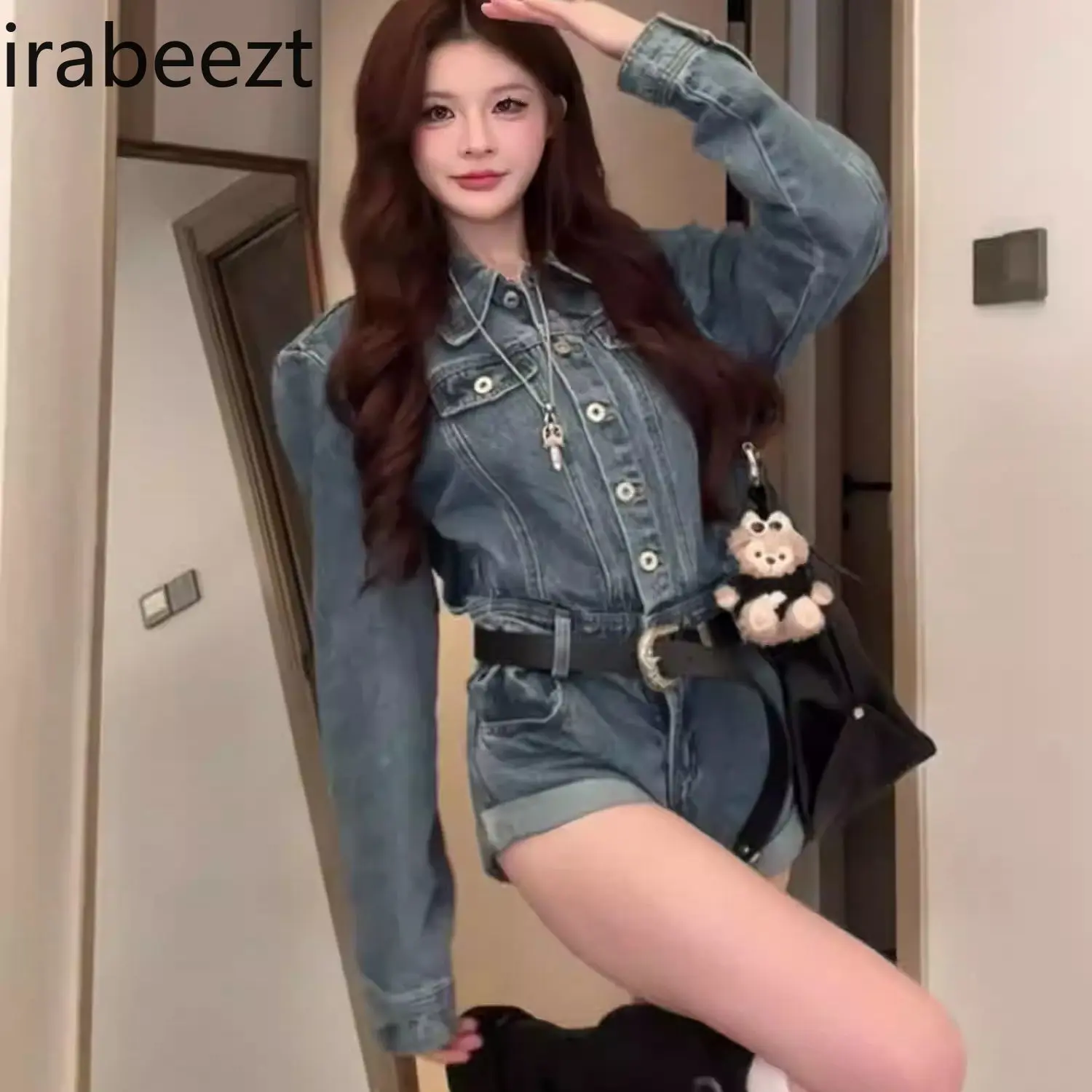 2025 New Spring Women's Blue Denim Jumpsuit Romper High Waisted Wide Leg Shorts Retro Fashion Casual Outfit bodysuit women