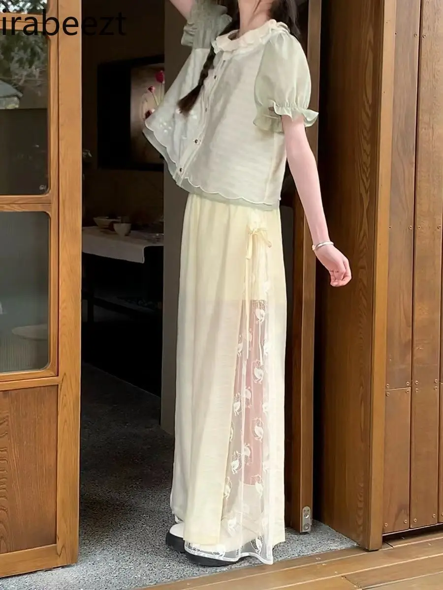 Cream Lace Wide Leg Trousers & Embroidered Blouse - Kawaii Chinese Style Fashion for Women Ensemble Femme 2 Pièces