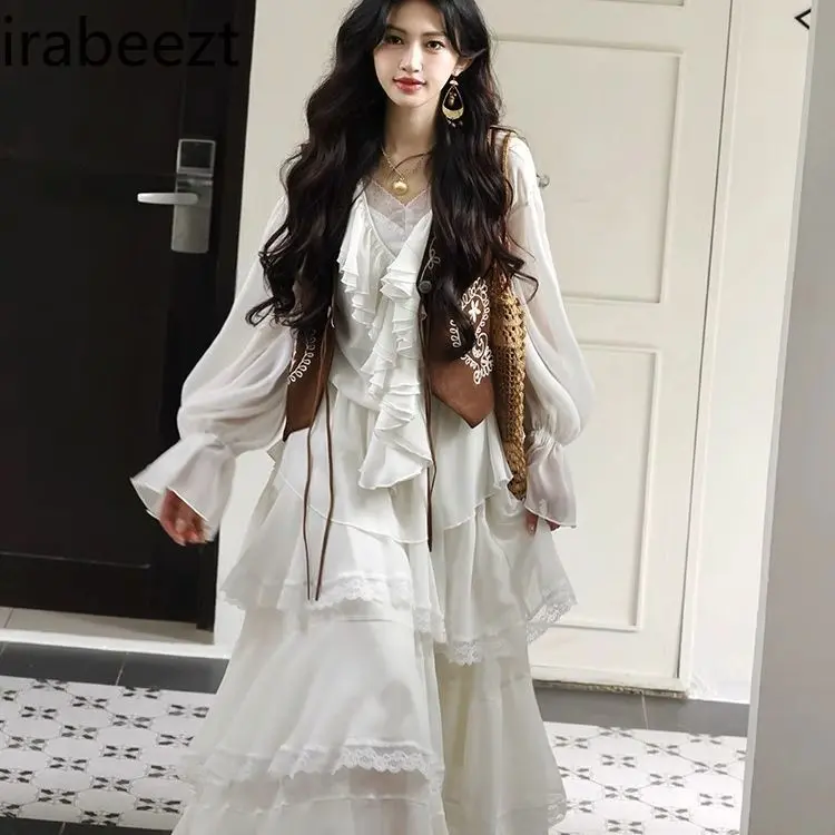 Beige Brown Suede Vest Women's Lightweight Embroidered Waistcoat French Style Slim Fit Spring Fashion Waistcoat Women