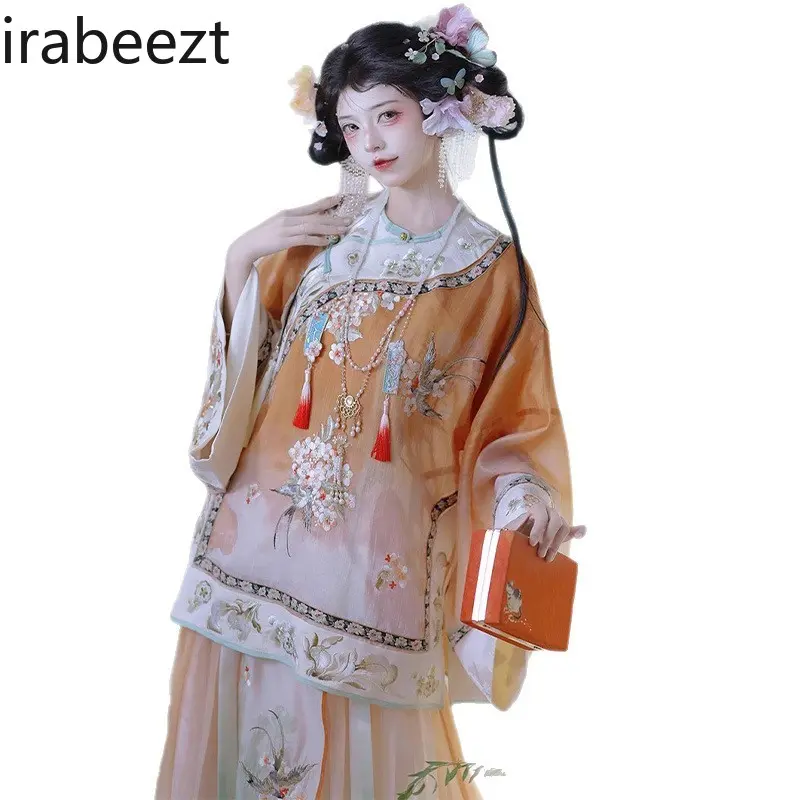 Hot Sale Chinese Hanfu Dress Traditional Embroidery Gradient Print Elegant Blouse + Pleated Skirt Women's National Style Outfit
