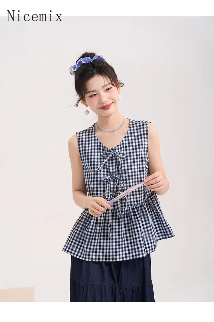 Women's Bow Tie Plaid Vest Shirt Summer Cute Blouse Tops Loose Casual Chic Feminine Tee 2025 New Blusas Femininas Elegantes