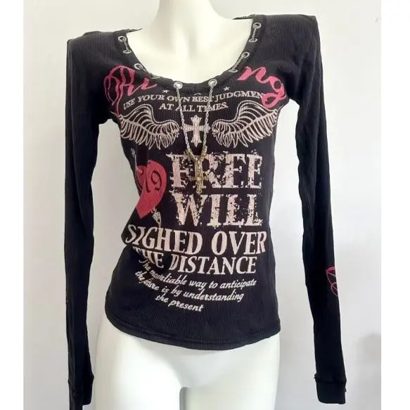Rock Print Slim Fit Long Sleeve Tops for Women Gothic Letter Graphic Streetwear Sexy Cute Harajuku Style Tight Stretchy Clubwear