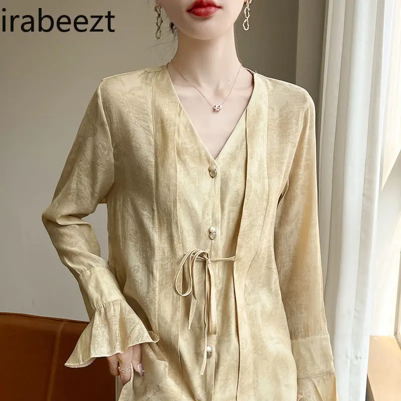 Bell Sleeve Blouse UV Protection Neo-Chinese Style Summer Shirt Lightweight Silk Rayon Breathable Phanumeric Loose Top