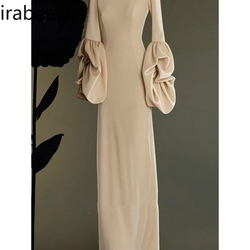 2025 New Luxury Women's Silk Velvet High-Neck Long-Sleeve Dress - Elegant Winter Mauve Midi Robe Dates & Everyday Wear