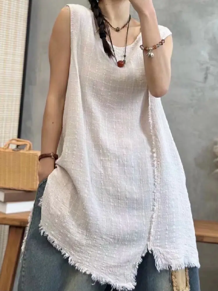 2025 Summer Cotton and Linen Women's Summer Pure Linen Mid-Length Vest Quality  Mainland China Womens Tops
