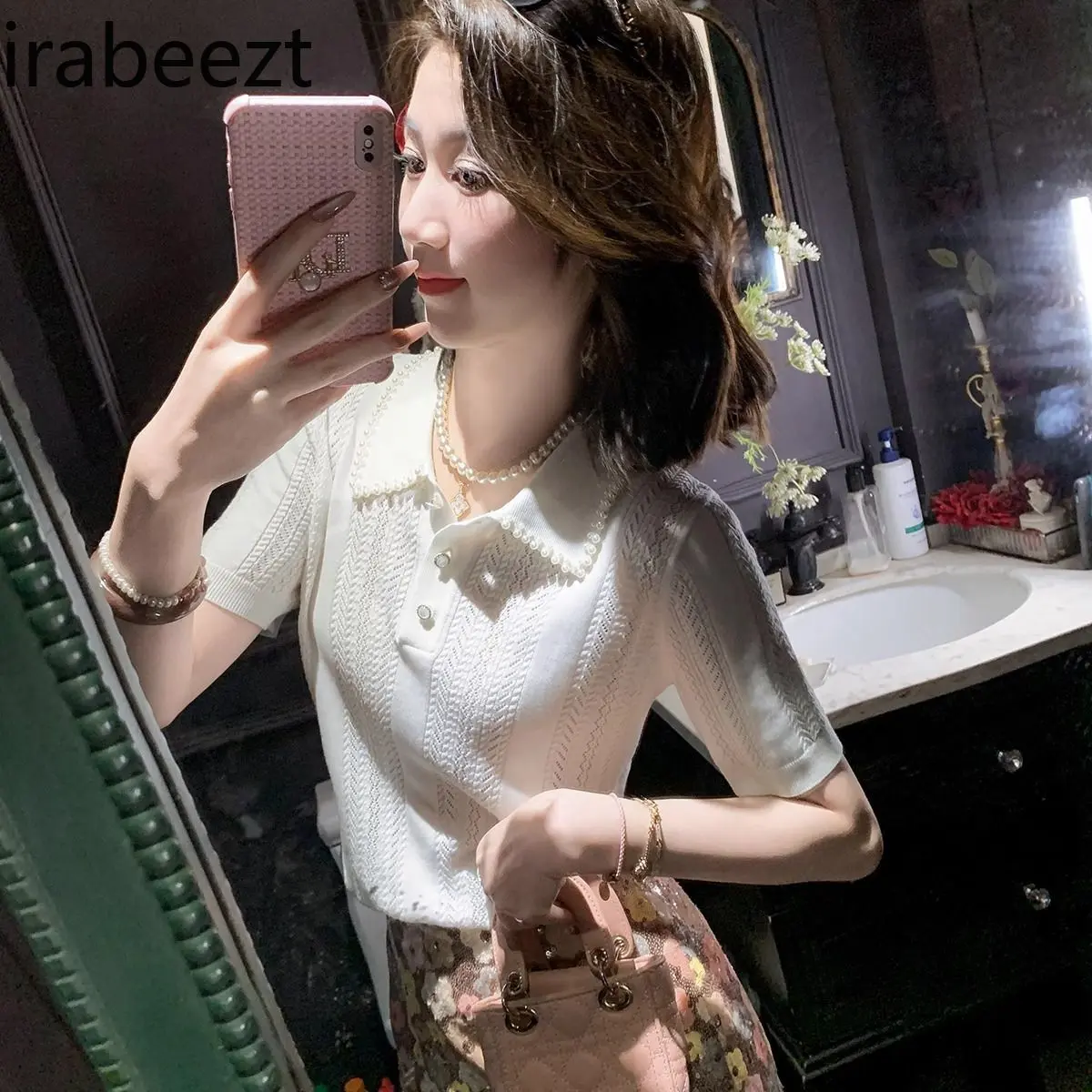 Women's 2025 French Pearl Embroidered Polo Neck Lace Hollow Out Ice Silk Knitted Top Summer Crochet T-Shirt
