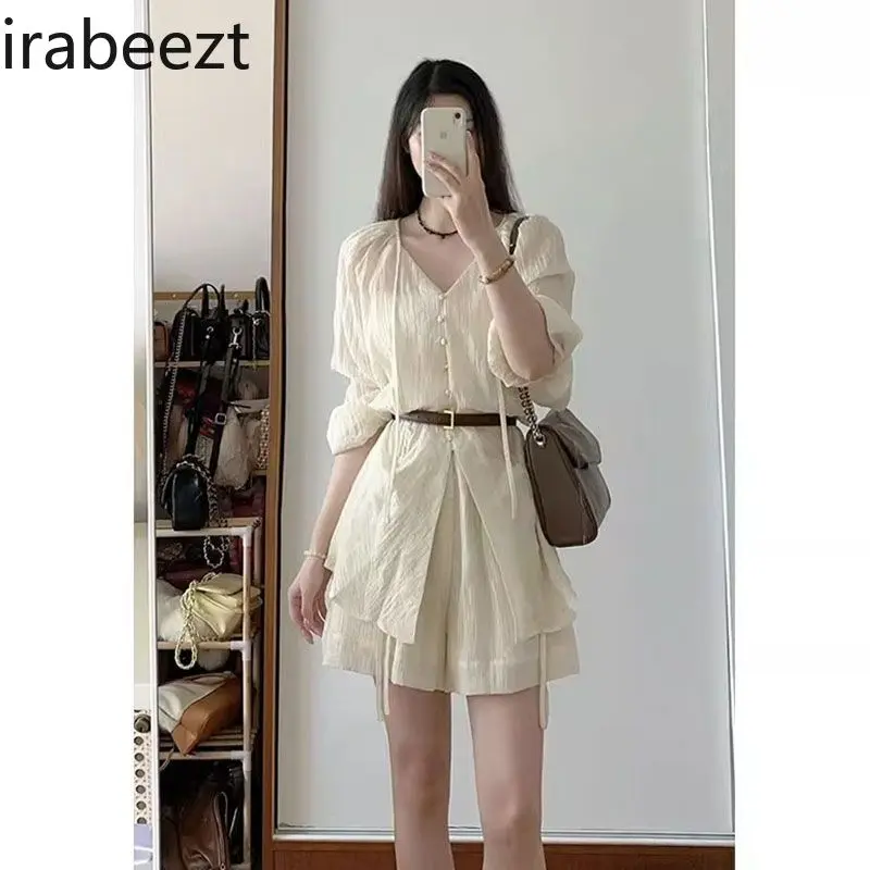 Women's Summer Linen Two-Piece Set - V-neck Tie-Front Sun Protection Blouse + Wide-Leg Loose Shorts (New 2025)