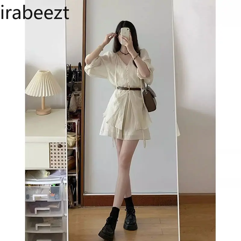 Women's Summer Linen Two-Piece Set - V-neck Tie-Front Sun Protection Blouse + Wide-Leg Loose Shorts (New 2025)