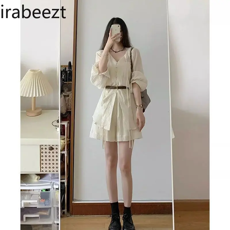 Women's Summer Linen Two-Piece Set - V-neck Tie-Front Sun Protection Blouse + Wide-Leg Loose Shorts (New 2025)
