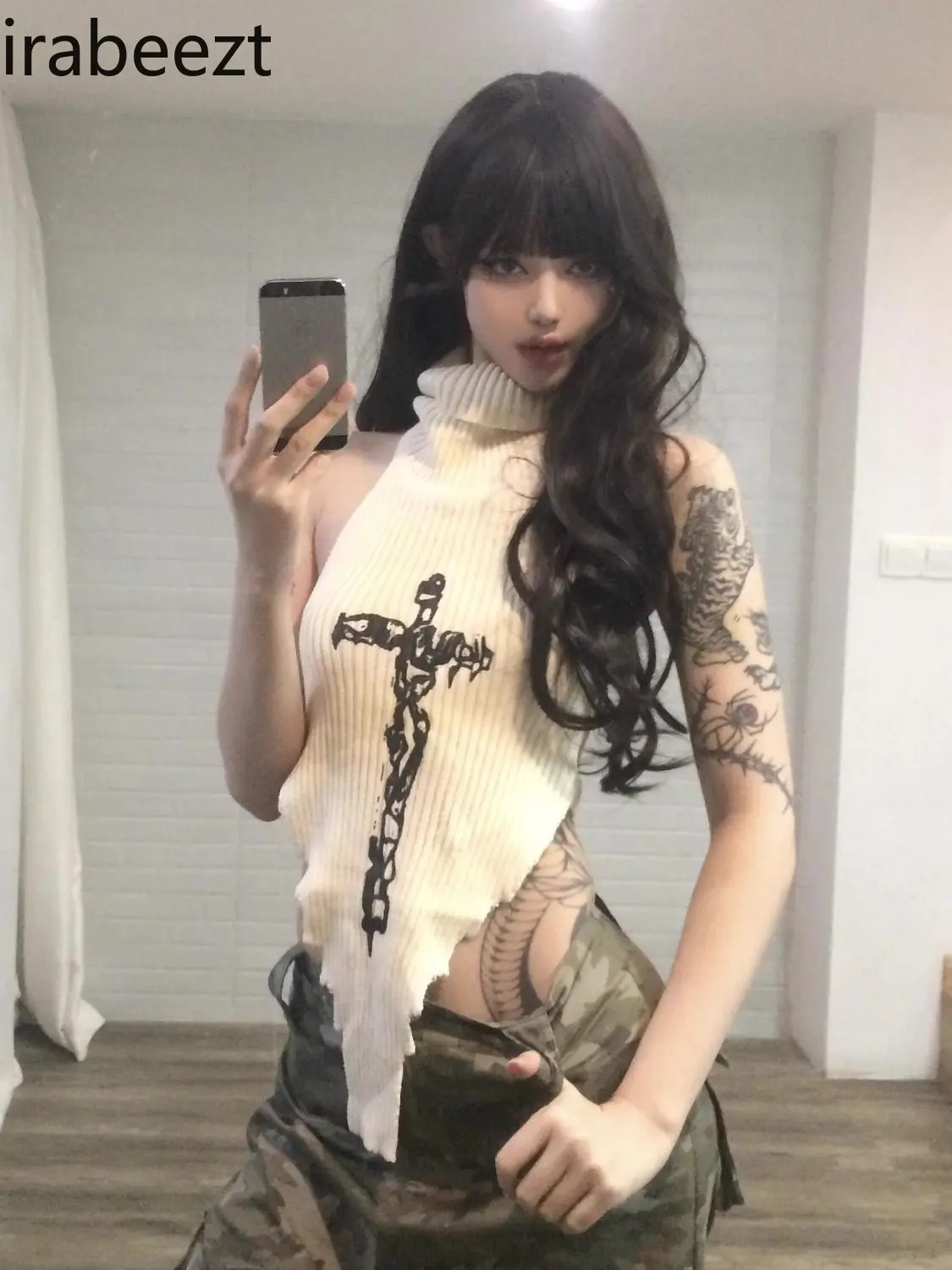 Sexy Y2K Cross Print Backless Knit Tank Top Women's Fashion Crochet Sleeveless Summer Casual Streetwear Gothic Cute Vest
