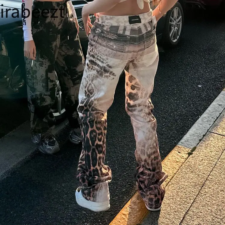 Women's Jeans - Cheetah Print Digital Wash High Waist Vintage Flared Bell Bottoms Plus Size Distressed Denim Pants for Women