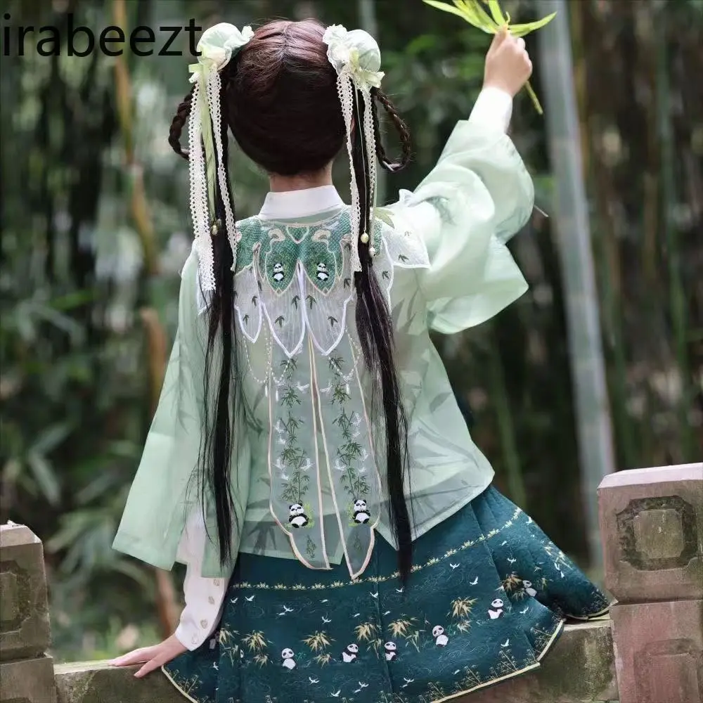 2025 New Chinese Hanfu Dress Green Panda Bamboo Print Lolita Style Qipao Cheongsam Traditional Vintage Elegant Women Outfit