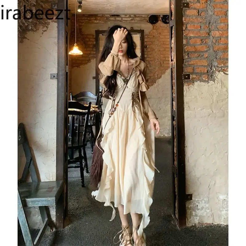 Sweet Design Ruffled Dress Long Ethnic Style Waist Slimming Temperament Suspender Dress Two Piece Sets Womens Outifits