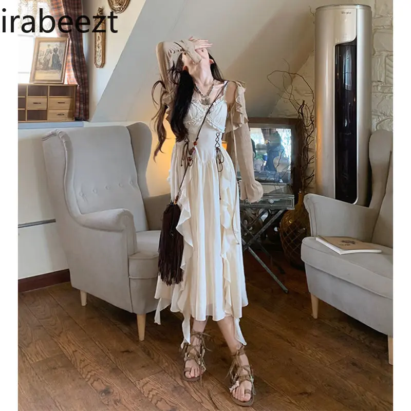Sweet Design Ruffled Dress Long Ethnic Style Waist Slimming Temperament Suspender Dress Two Piece Sets Womens Outifits