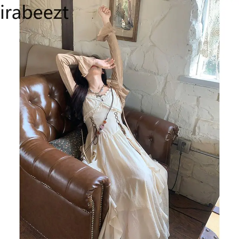 Sweet Design Ruffled Dress Long Ethnic Style Waist Slimming Temperament Suspender Dress Two Piece Sets Womens Outifits