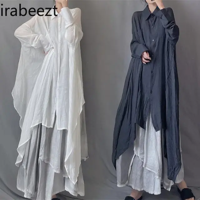 Women's Asymmetrical Flowy Skirt Blouse - Mid-Length Loose Collared Sun Protection Boho Shirt Relaxed Bohemian Style Summer Top