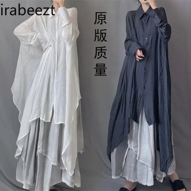 Women's Asymmetrical Flowy Skirt Blouse - Mid-Length Loose Collared Sun Protection Boho Shirt Relaxed Bohemian Style Summer Top