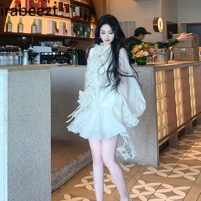 Women's French Style Embroidery Ruffle Blouse & High-Waist Pants Set - Fashionable Long-Sleeve Fitted Top + Slim Mini Shorts