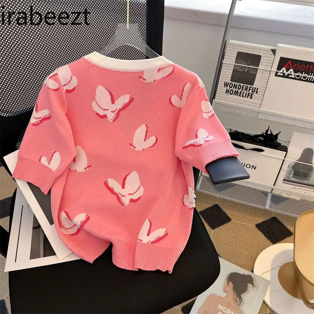 Women's Beaded Butterfly Knit Cardigan Short Sleeve T-Shirt Summer Sequined Blouse Elegant Pearl Embroidered Top Boho Chic