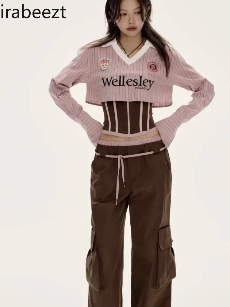 American Hot Girl Design Contrast Color V-neck Striped Short Shirt Layered Zipper Tube Top Vest Female Two-piece Suit