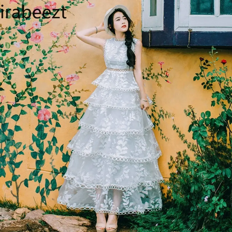 White Lace Embroidery Hollow Out Summer Long Dress for Women & Girls - Cute Layered Tulle Bridal Ball Gown Party Casual Wear