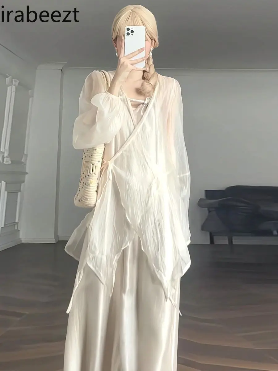 2023 Spring and Autumn Winter New Solid Color Loose Thin Long Sleeve Thin Micro Transparent Shirt Blouse Woman Summer Dress