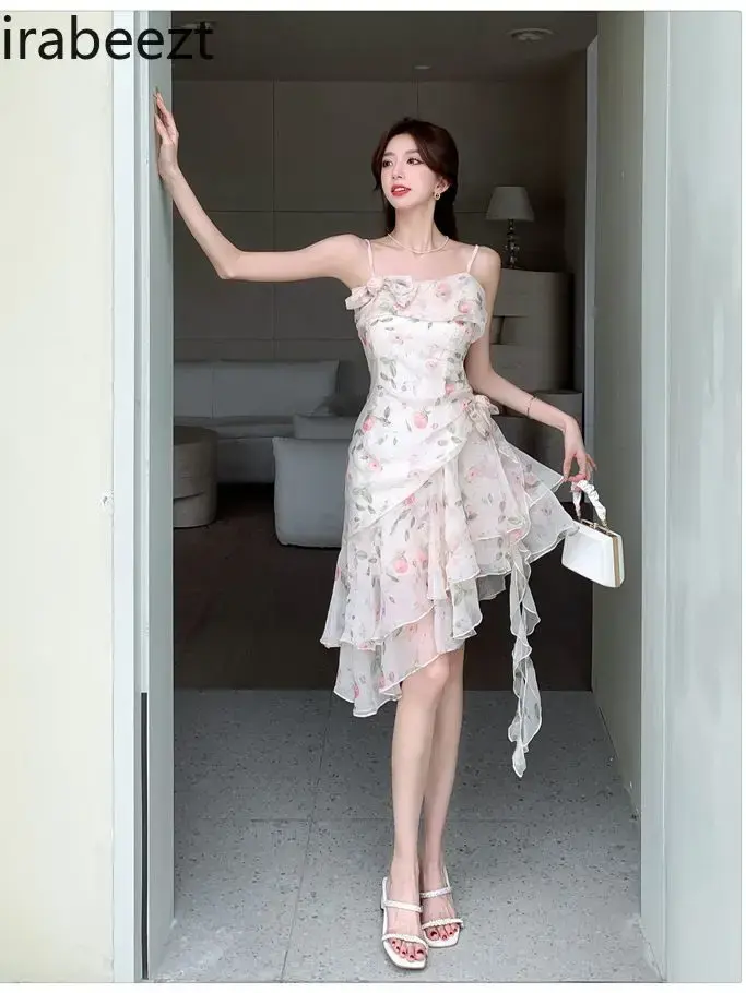Female Senior Sense First Love Sexy Viscose Women Robe Niche Design Irregular Three-dimensional Flowers Floral Halter Dress