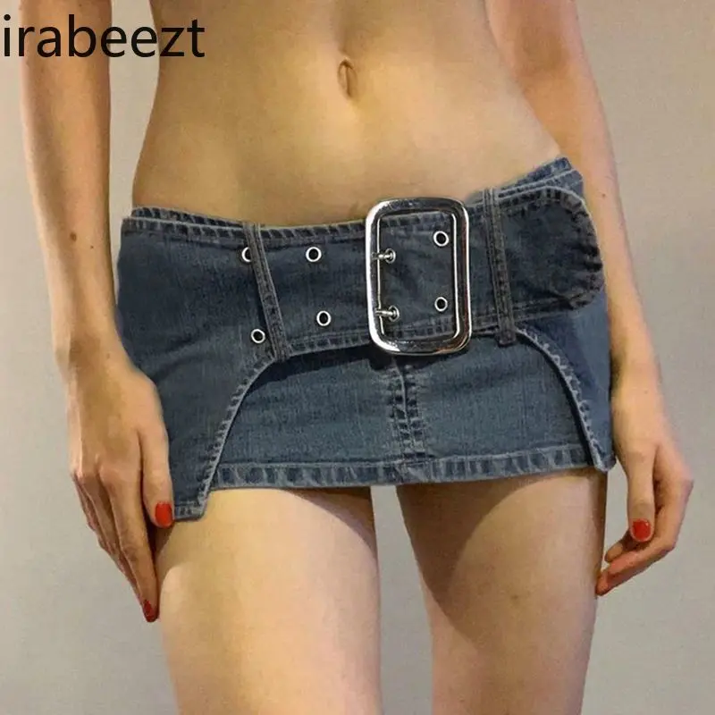 Women's Skirts Distressed Blue Low Waisted Metal Buckle Denim Miniskirt Vintage Fashion Trend Sexy Short Dresses Lady's Clothing
