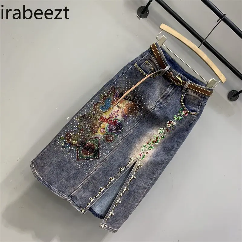 2024 Autumn New Style Denim Skirt Trendy Printing Diamond Inlaid Beaded Embroidery Skirt for Women Falda Sexy Mujer