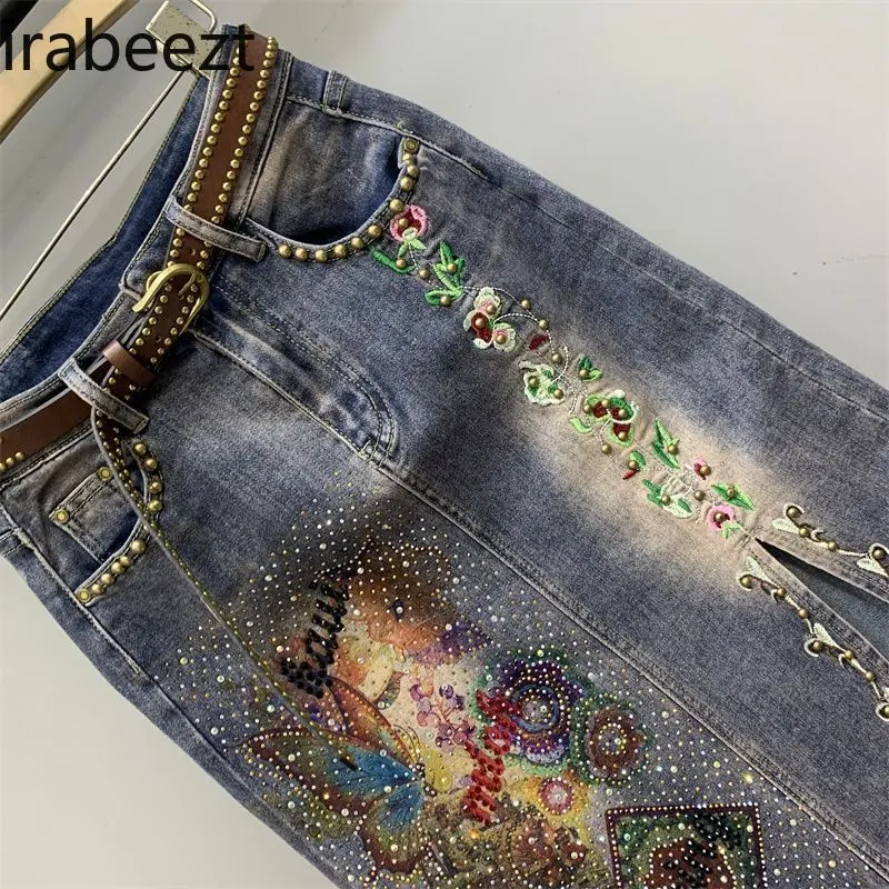 2024 Autumn New Style Denim Skirt Trendy Printing Diamond Inlaid Beaded Embroidery Skirt for Women Falda Sexy Mujer