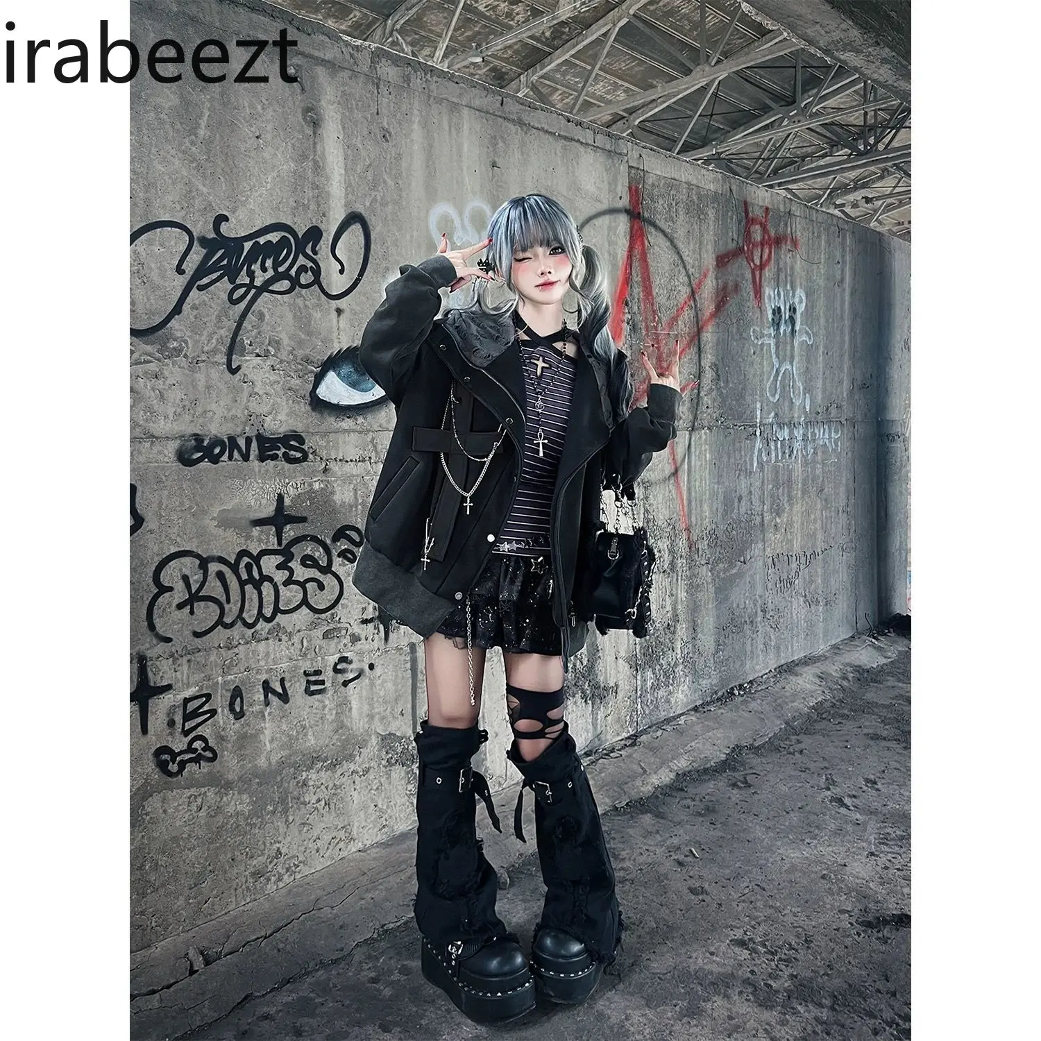 Subculture Sweet Spice Millennial Punk Dark Chain Cross Plus Fleece Cat Ear Coat Hoodie Coat Sudaderas Para Mujer