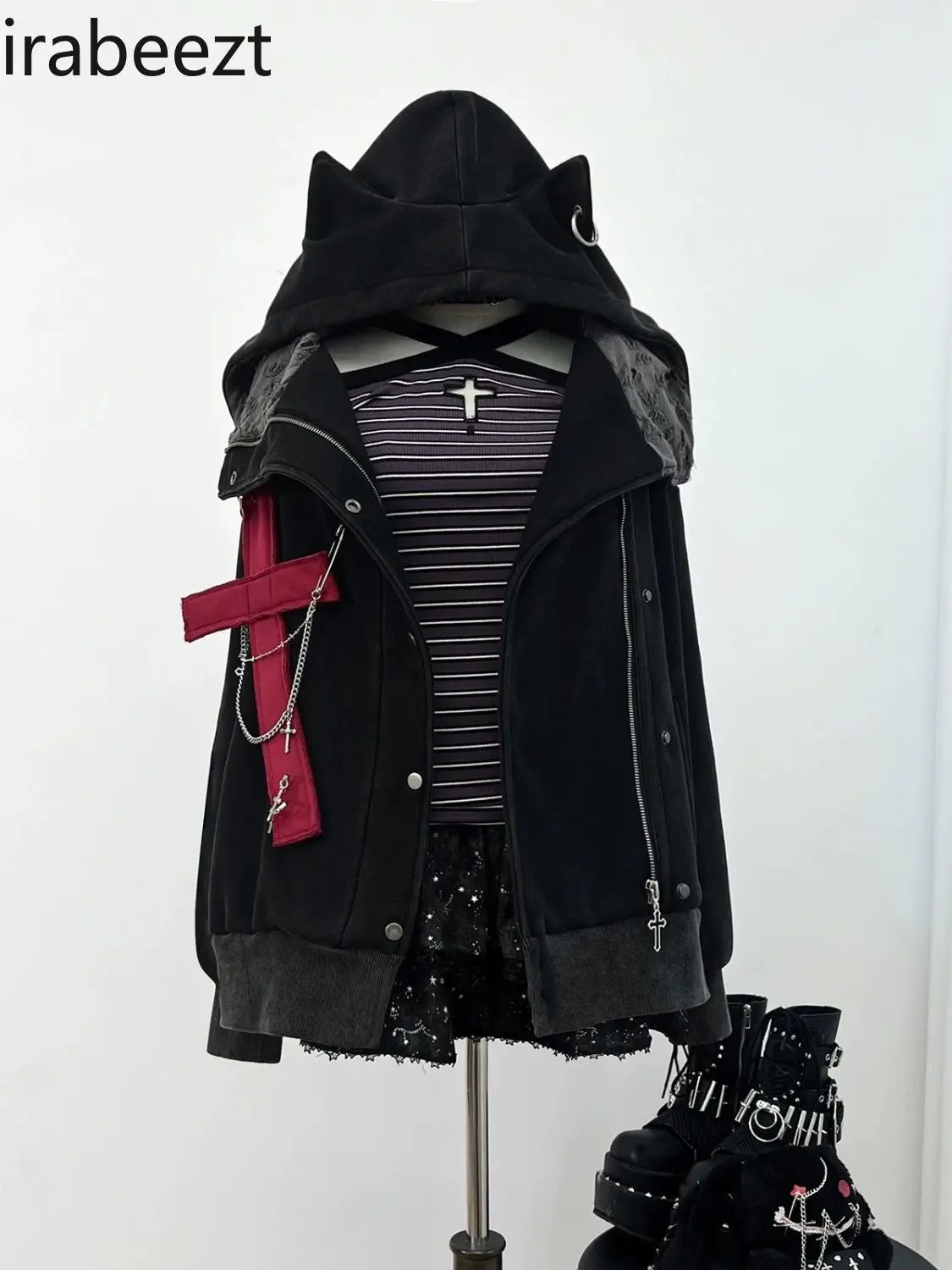 Subculture Sweet Spice Millennial Punk Dark Chain Cross Plus Fleece Cat Ear Coat Hoodie Coat Sudaderas Para Mujer