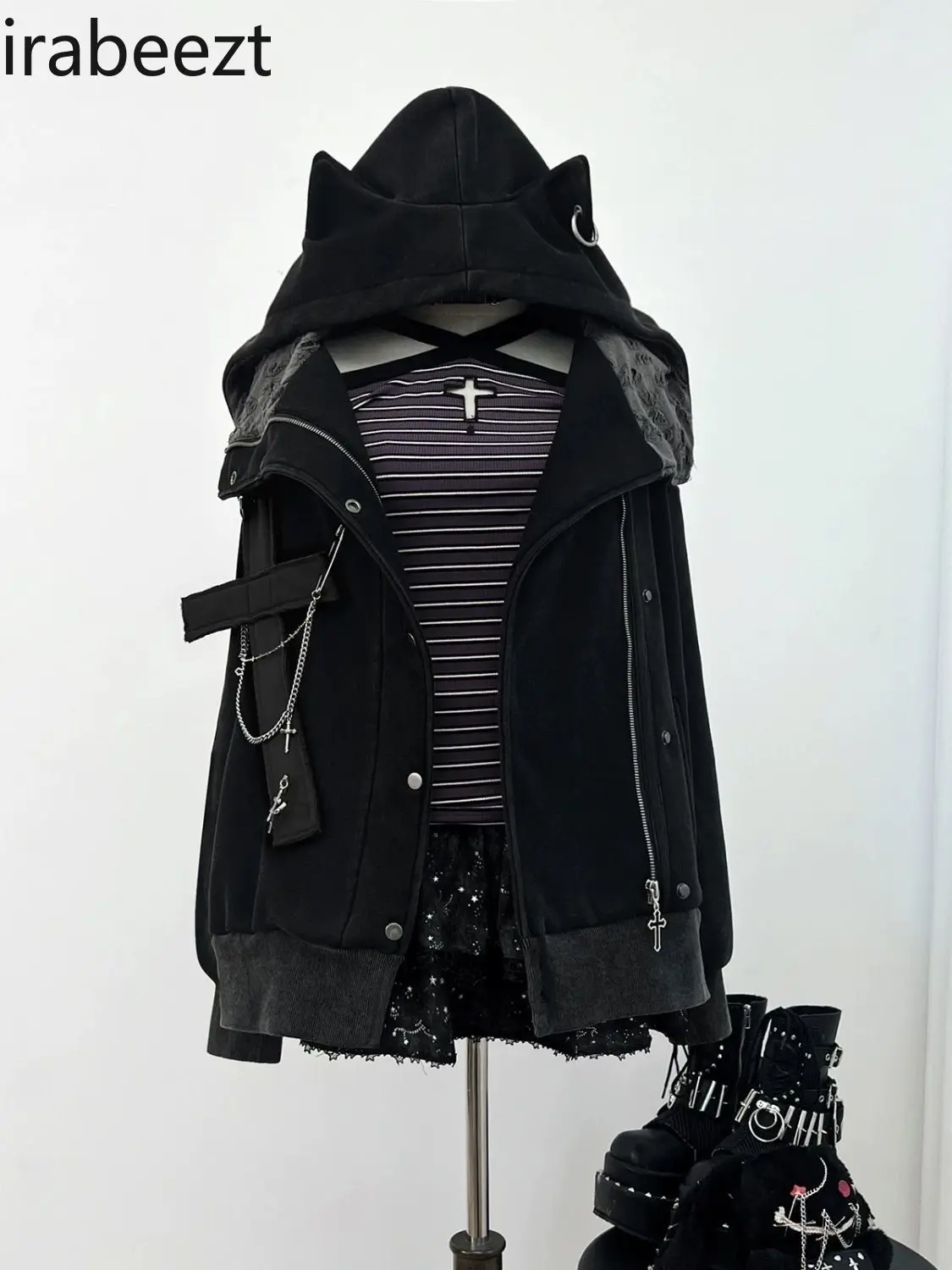 Subculture Sweet Spice Millennial Punk Dark Chain Cross Plus Fleece Cat Ear Coat Hoodie Coat Sudaderas Para Mujer