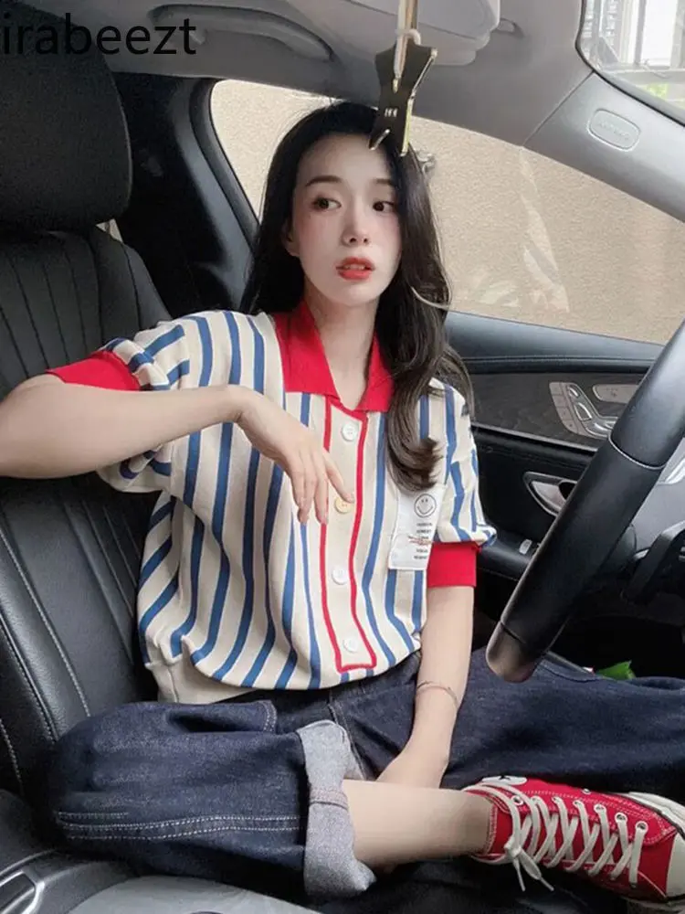 Summer Chic Top High-grade Sense Super Good-looking Polo Collar Bubble Sleeve Striped Silk Knit Short Sleeve Blusas De Mujer