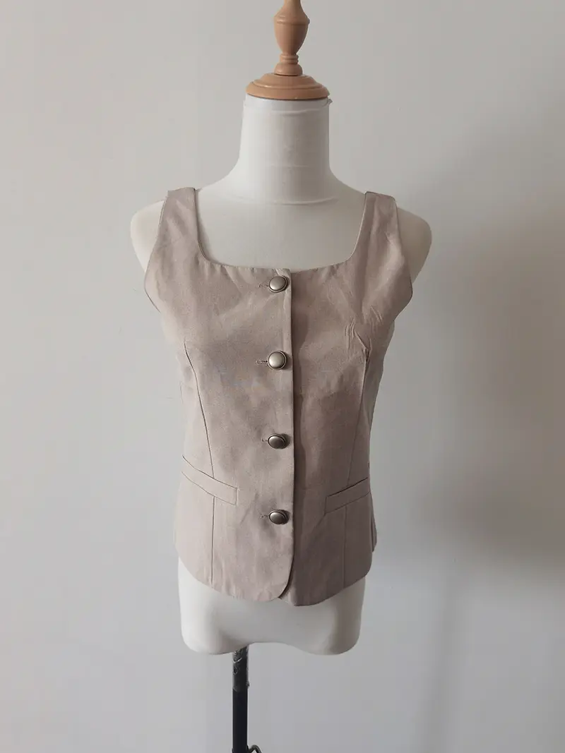 Retro Style Linen Women Summer Thin Suit Vest Outer Wear Short Square Collar Sleeveless Top Желетка Женская Waistcoat