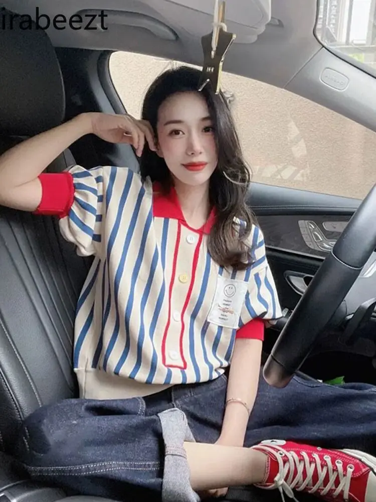 Summer Chic Top High-grade Sense Super Good-looking Polo Collar Bubble Sleeve Striped Silk Knit Short Sleeve Blusas De Mujer