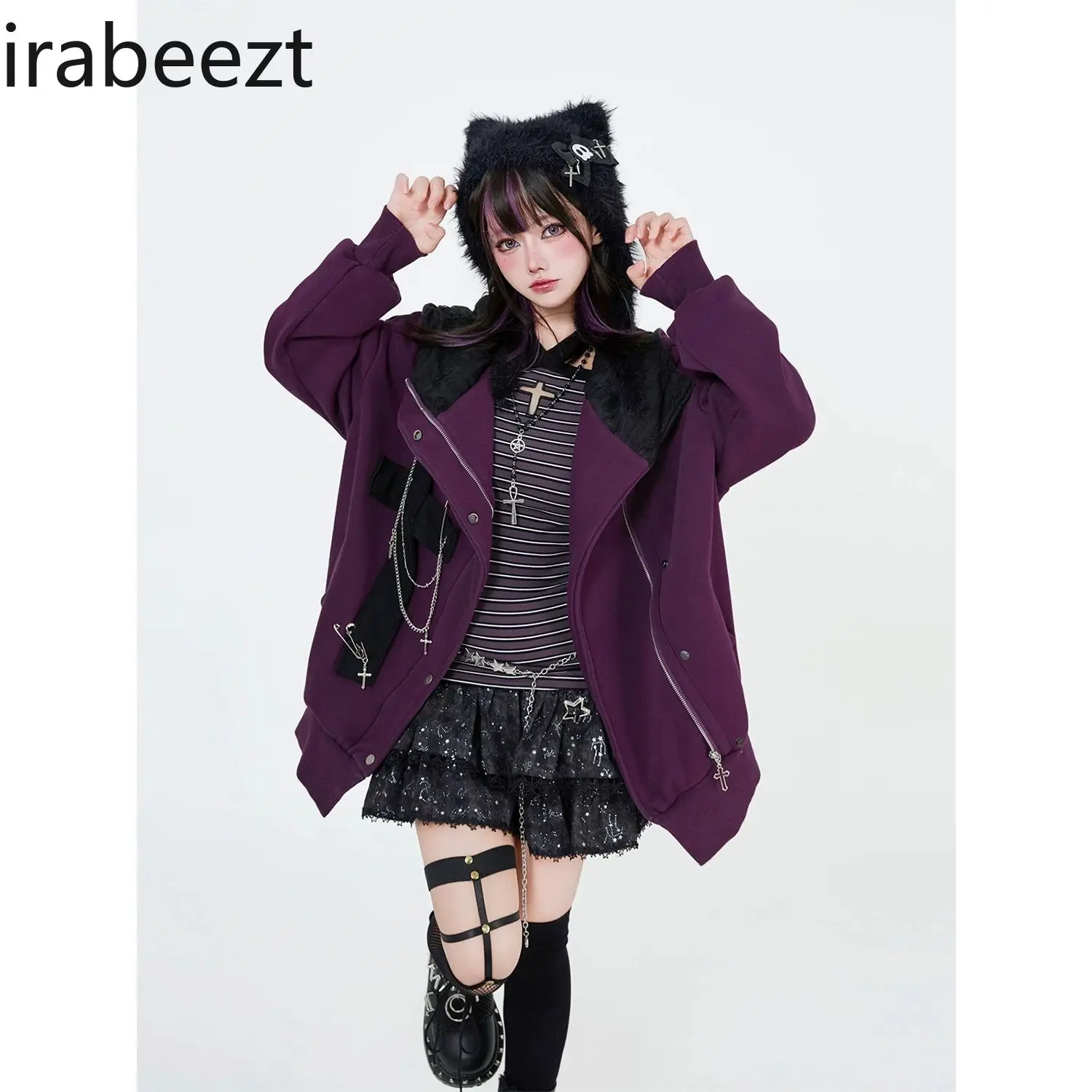 Subculture Sweet Spice Millennial Punk Dark Chain Cross Plus Fleece Cat Ear Coat Hoodie Coat Sudaderas Para Mujer