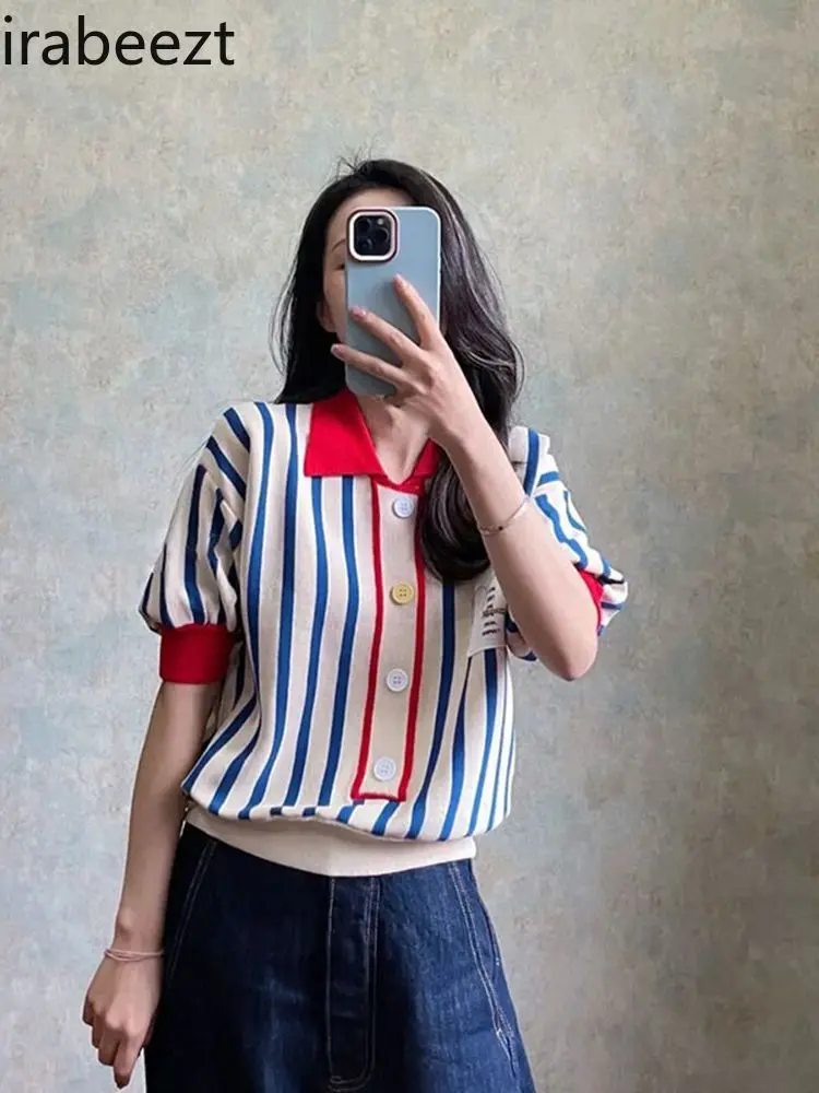 Summer Chic Top High-grade Sense Super Good-looking Polo Collar Bubble Sleeve Striped Silk Knit Short Sleeve Blusas De Mujer