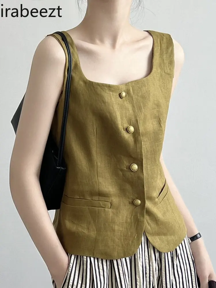 Retro Style Linen Women Summer Thin Suit Vest Outer Wear Short Square Collar Sleeveless Top Желетка Женская Waistcoat