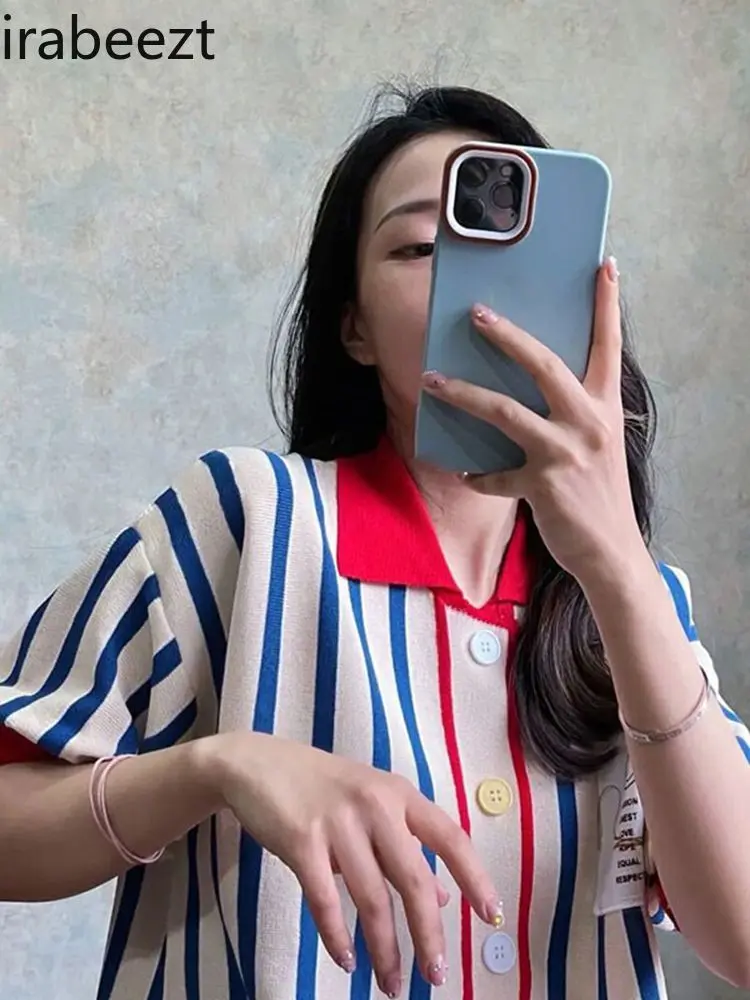 Summer Chic Top High-grade Sense Super Good-looking Polo Collar Bubble Sleeve Striped Silk Knit Short Sleeve Blusas De Mujer