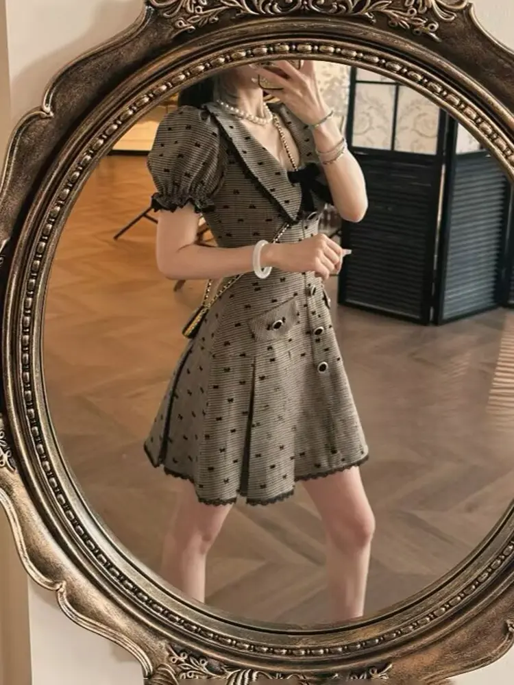 Doll Collar Pink Sweet Dress for Women Stylish Age-reducing Waist Diamond French Puff Sleeve Summer Clothing for Women