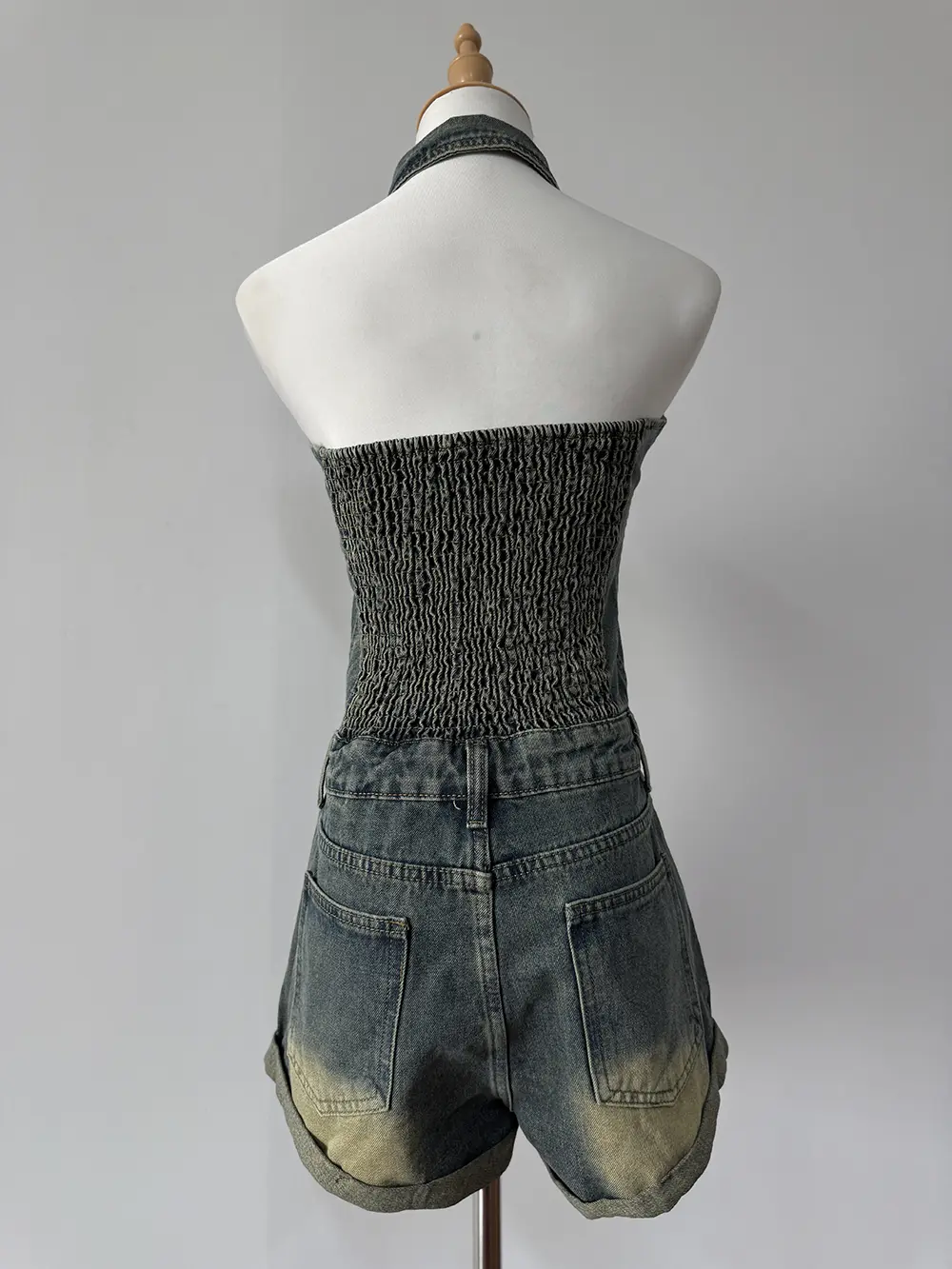 iRabeeZT Vintage Jeans Playsuits Women Rompers Sleeveless Jumpsuit With Halter Summer Sexy Backless Playsuit Rolled Edge Shorts