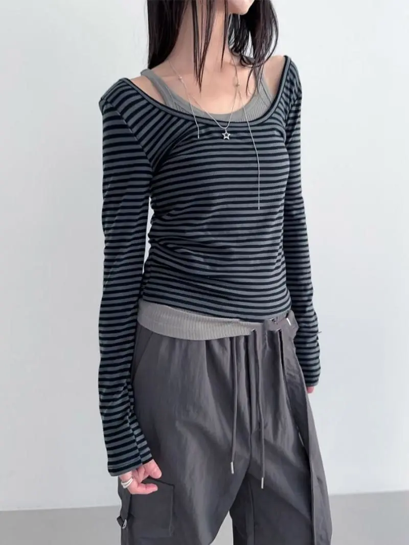 Stripe T-shirt Women Tops Long Sleeves Loose Tee Slim Fit Tshirt Round Neck Casual Tops Female Clothes