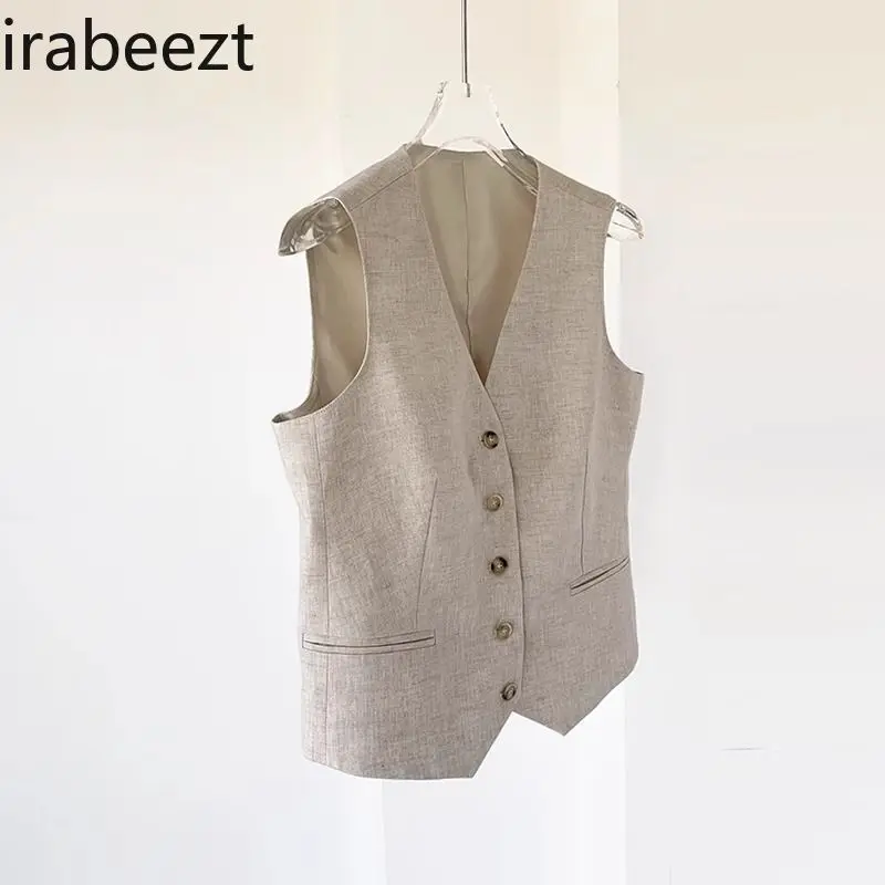 2025 Women's Linen Vest Single Breasted V-Neck Waistcoat Summer Slim Fit Casual Outerwear Sleeveless Cardigan Women