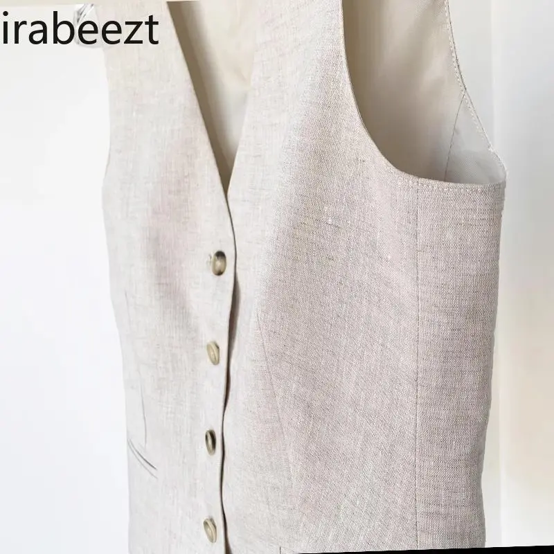 2025 Women's Linen Vest Single Breasted V-Neck Waistcoat Summer Slim Fit Casual Outerwear Sleeveless Cardigan Women